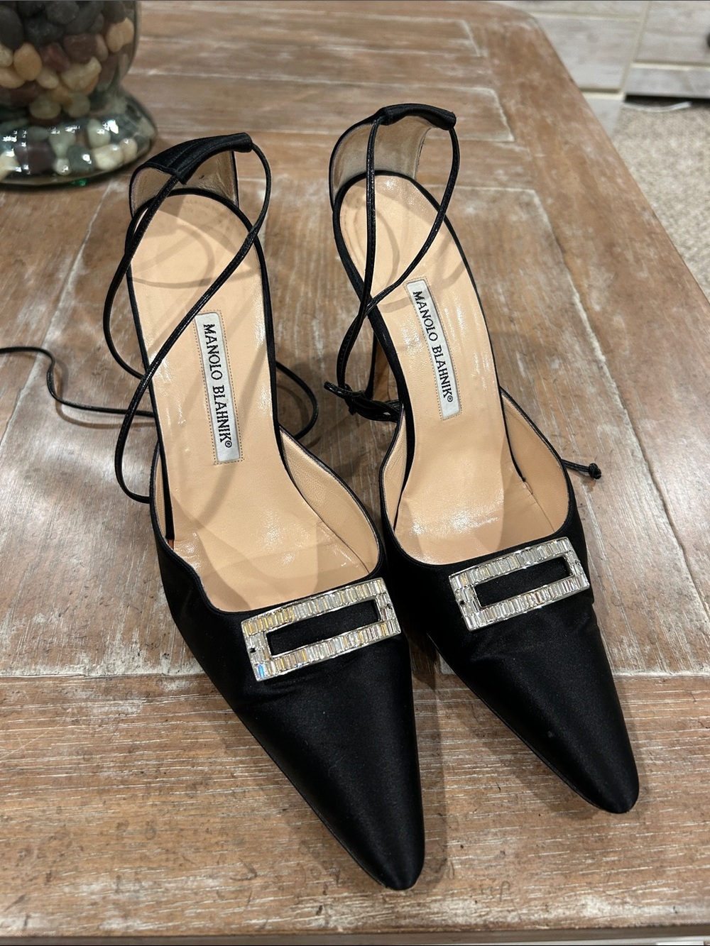 Manolo Blahnik Black Satin Crystal Embellished Lace Up Pumps